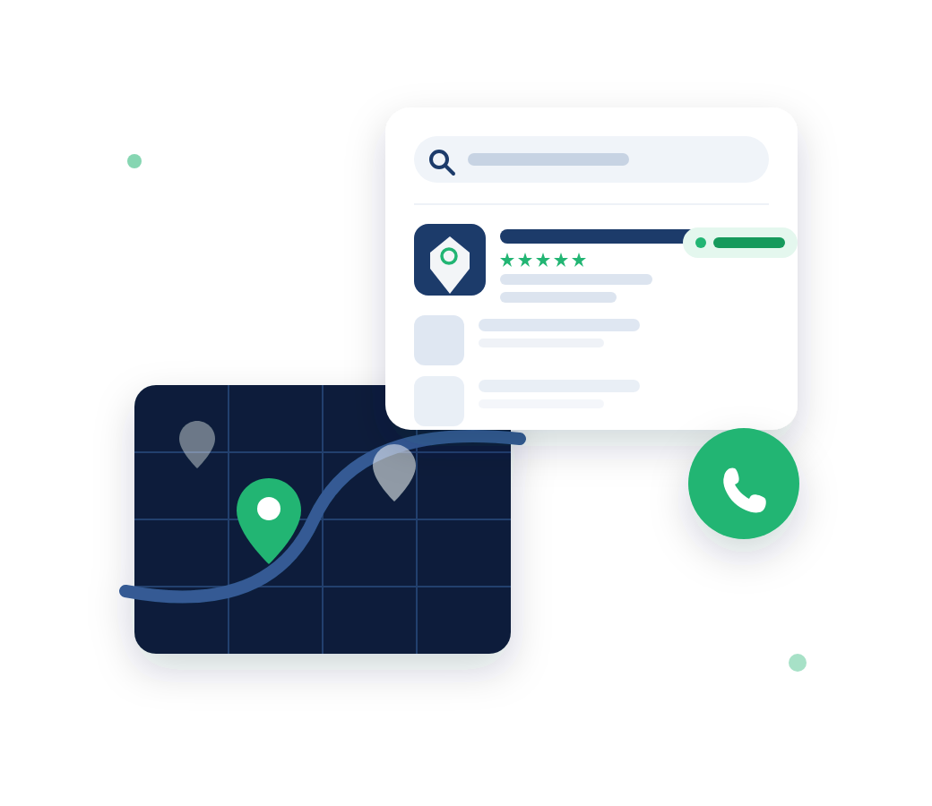 Local business search result card with map and pin showing up on Google